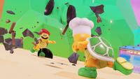 E3 2017 screenshot of Mario (as a Hammer Bro.) fighting another Hammer Bro. with kitchen utensils, in the Luncheon Kingdom of Super Mario Odyssey.