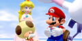Mario converses with Toadsworth while Peach looks on.