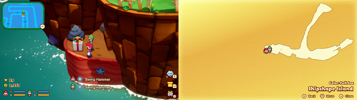 Mario and Luigi near a present containing 1-Up DX on Shipshape Island of Mario & Luigi: Brothership.