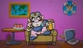 Wario watching a movie while eating strawberries