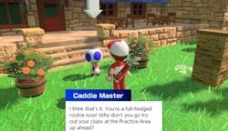 The Caddie Master talking to a Mii in Mario Golf: Super Rush