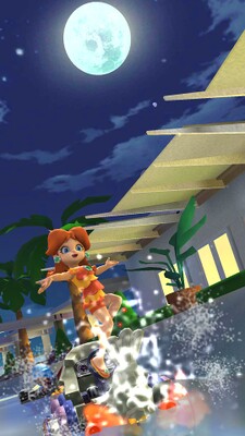 Singapore Speedway: Daisy (Swimwear) doing a Jump Boost behind Ice Mario in the Marina Bay Sands infinity pool
