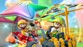Builder Luigi gliding in the Dozer Dasher with the Safety Glider on 3DS Mario Circuit T