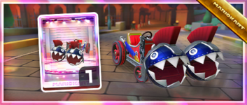 The Chain Chomp Chariot from the Spotlight Shop in the Night Tour in Mario Kart Tour