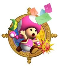 Mario Party 6 promotional artwork of Toadette trying to catch several pieces of letters. Inspired from the minigame Catch You Letter, version 2