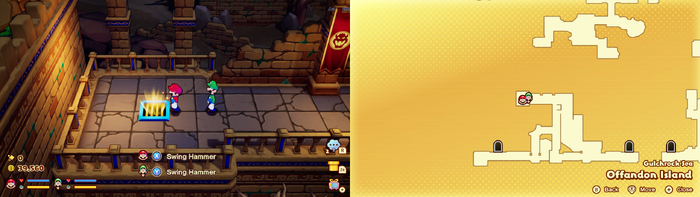 Mario and Luigi near a vent containing 30 Five Coins on Offandon Island of Mario & Luigi: Brothership.