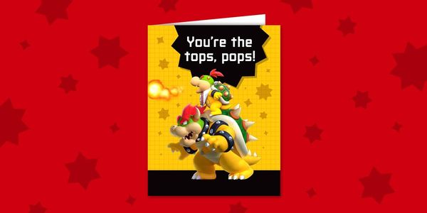 Presentation banner for a printable Super Mario Maker 2 Father's Day card featuring Bowser and Bowser Jr.