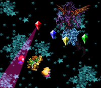 The Fire Crystal using the attack, Mega Drain, on Mario during the battle with Culex.
