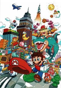 Concept art of key art for Super Mario Odyssey (2017), as published in The Art of Super Mario Odyssey (2018). It features some concepts that did not appear in the final game as well as early designs for some of the characters, such as the T-Rex.