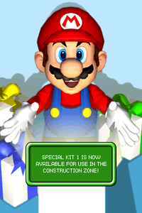 The screen shown when the player unlocks Special Kit 1 for the Construction Zone in Mario vs. Donkey Kong 2: March of the Minis.