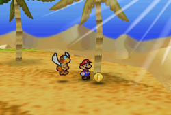 Mario finding a Coin in the scene G7 of Dry Dry Desert of Paper Mario.