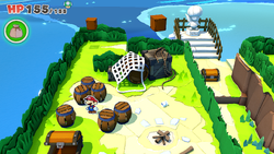 Mario standing near six barrels with one containing a Shiny Ice Flower on Hammer Island of The Origami King.