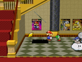 Mario getting the Star Piece under a hidden panel on the first floor in the lobby of Glitz Pit in Paper Mario: The Thousand-Year Door.