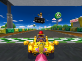 Mario and Princess Peach, preparing to race at Luigi Circuit.