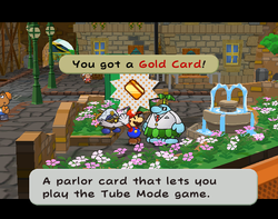 Mario getting the Gold Card from Frankie in Rogueport of Paper Mario: The Thousand-Year Door.