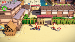 Mario standing near 2 lamp posts containing a Coin each in Shogun Studios of The Origami King.