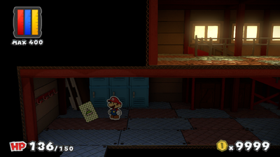 Mario near a Spike Helmet Card in Toad Trainworks of Paper Mario: Color Splash.