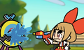 Lulu firing her Hydrocannon LX at the Wario-themed target