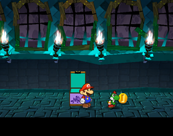 Mario getting a Coin from a boo in Creepy Steeple of Paper Mario: The Thousand-Year Door.