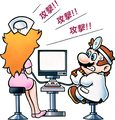 Dr. Mario and Peach playing Dr. Mario on the Famicom.