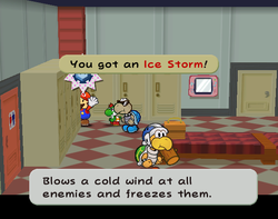 Mario getting a Ice Storm from behind a locker in Glitz Pit of Paper Mario: The Thousand-Year Door.