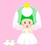 Kinopio-kun crying while wearing a wedding dress