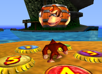 Donkey Kong at the shore of Kong Isle in Donkey Kong 64