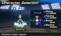 Luigi's stats in the baseball portion of Mario Sports Superstars