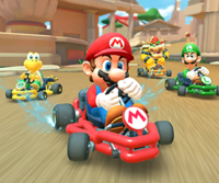 Thumbnail of the Dry Bowser Cup challenge from the Spring Tour; a Big Reverse Race challenge set on Athens Dash