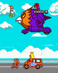 Scene from the epilogue of Mona: 4.1 and 4.2 shooting soccer balls from their spherical vehicle at the bird-like machine of the Dinosaurs who kidnapped Art.