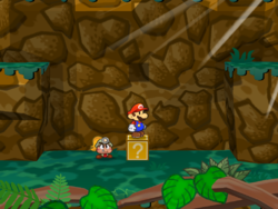 Screenshot of Mario at a mandatory hidden ? Block location at Keelhaul Key, in Paper Mario: The Thousand-Year Door.