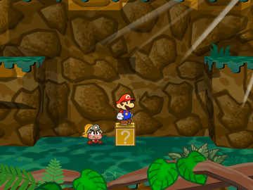 Screenshot of Mario at a mandatory hidden ? Block location at Keelhaul Key, in Paper Mario: The Thousand-Year Door.