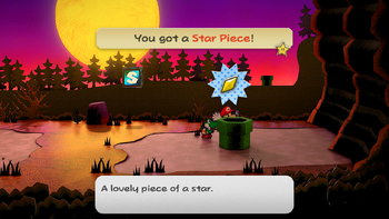 Mario getting the Star Piece behind the pipe to the wood in Twilight Trail in the remake of the Paper Mario: The Thousand-Year Door for the Nintendo Switch.