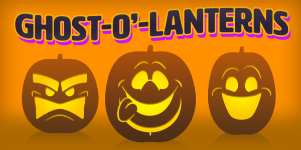 Banner for a set of printable Luigi's Mansion 3 ghost pumpkin stencils. The ghosts depicted on the pumpkins in the image are a Hammer, Polterpup, and a Goob.
