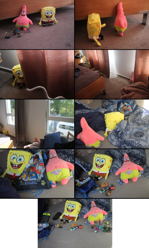 Nine photographs are shown in comic format, arranged left to right, top to bottom. The first shows plushes of Spongebob and Patrick on the ground by a bedframe with some figurines near Patrick. The second cuts Patrick and Spongebob turned to the side, nearer to and facing the corner of the bedframe. The third, a zoomed-in view, shows Spongebob peeking out from behind a curtain. The fourth, zoomed out, also shows Spongebob peeking out from behind a curtain, but now shows Patrick peeking out from a second curtain closer to the camera. In the fifth image, Spongebob and Patrick remain positioned about the same, but the curtains have been drawn open, revealing them fully and revealing the windows. The sixth panel shows Spongebob and Patrick amidst blankets, turned to face a slightly distant bag. In the seventh, the bag is positioned between Spongebob and Patrick, who now face the camera again. In the eighth, the bag sits next to them emptied, with various candies dumped out in front of them. In the ninth, some of the candy wrappers sit empty in front of Spongebob and Patrick, the figurines from panel one have returned in front of Patrick, and a Nintendo Switch is in front of Spongebob.