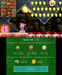 Smiley Flower 1: Located behind a locked door at the beginning of the level. The key to this door is held inside a hidden Winged Cloud which overlaps with the first set of three Countdown Platforms that Blue Yoshi encounters. After obtaining the key, the Yoshi can proceed through the door, where he will find the Smiley Flower above several Countdown Platforms.