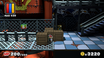 Mario near 4 crates containing Battle Cards in Black Bowser's Castle of Paper Mario: Color Splash after the other 3 were destroyed. The three around Mario contain Huge Hammer, Huge Hopslipper and Huge Line Jump.