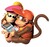 Artwork of Diddy Kong and Dixie Kong playing a Game Boy Advance SP. The Japanese title screen for Super Donkey Kong 2 is displayed on the system.