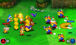 Screenshot of a battle at the Drill Storm quest in the Bowser Jr.'s Journey mode of Mario & Luigi: Bowser's Inside Story + Bowser Jr.'s Journey.