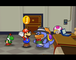 Mario getting 30 Coins from Grubba in Glitz Pit of Paper Mario: The Thousand-Year Door.