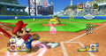 Bowser pitching a baseball to Mario