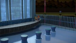Screenshot of Mario at a hidden ? Block location in Palace of Shadow Courtyard, in Paper Mario: The Thousand-Year Door.