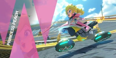 Picture of Princess Peach, as she is seen in Mario Kart 8 Deluxe, from a gallery that highlights female characters in Nintendo video games