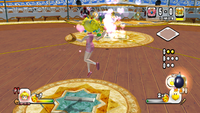 Princess Peach uses her Heart Ball Star Pitch, in Mario Super Sluggers.
