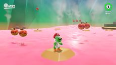 Yoshi, captured by Mario, is standing on a platform surrounded by pink lava and Fruits on the Dark Side.