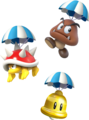A Super Bell, Goomba and Spiny with parachutes