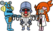 Title card sprite of Dr. Crygor, Penny, & Mike from WarioWare: Move It!