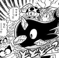 Toad and Birdo on a whale. Page 54, volume 8 of Super Mario-kun.