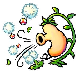 Artwork of a Windbag blowing a Nipper Dandelion and spreading Nipper Spores in Yoshi's Island DS