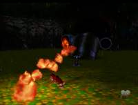 The first boss fight against Army Dillo in Donkey Kong 64, during Jungle Japes.